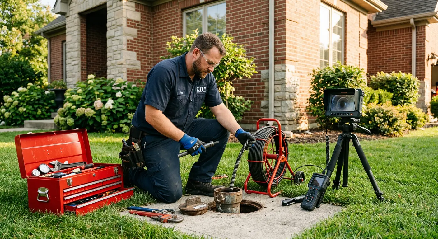 Sewer specialist with camera equipment servicing a cleanout in Middlebury