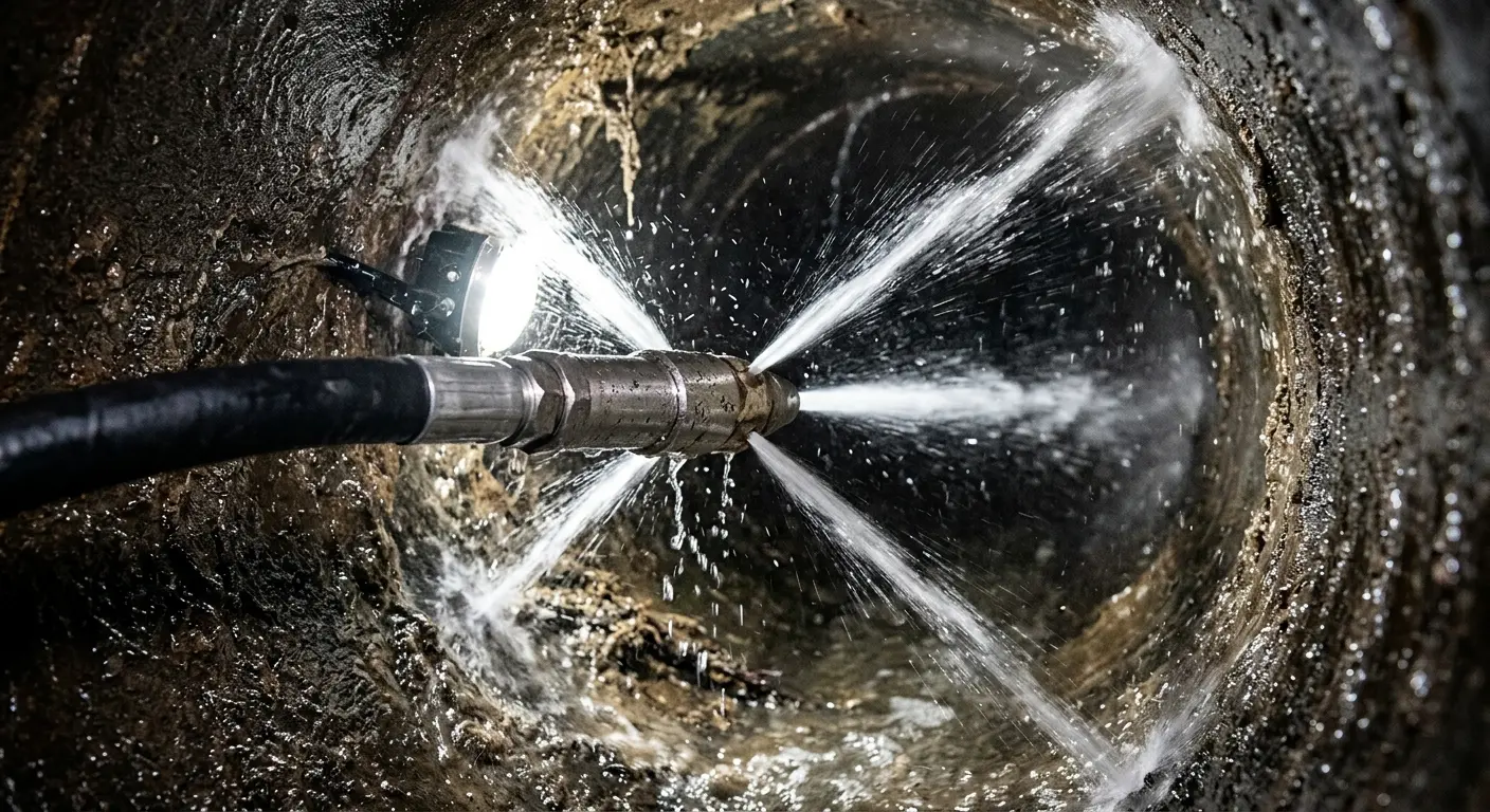 High-pressure hydro jetting nozzle cleaning sewer pipe for Trenchless Sewer Repair in Middlebury