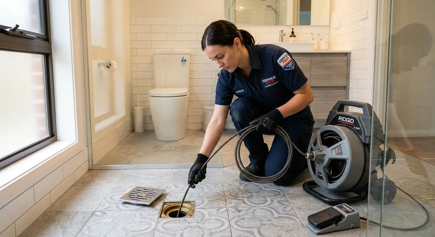 Technician clearing a bathroom floor drain for Drain Cleaning in Middlebury